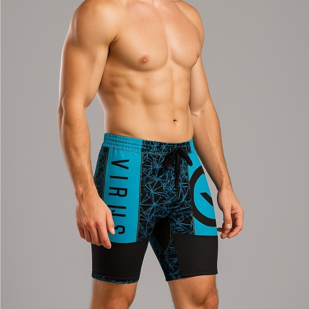 Virus compression Men's Teal and Black Geometric Shorts